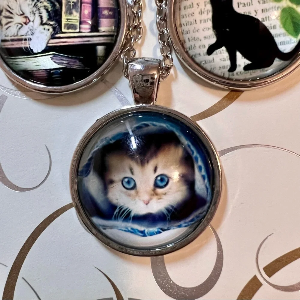 💰2/$35 New Round Domed Crystal Cat Kitty cat Long Silver  pendant necklace